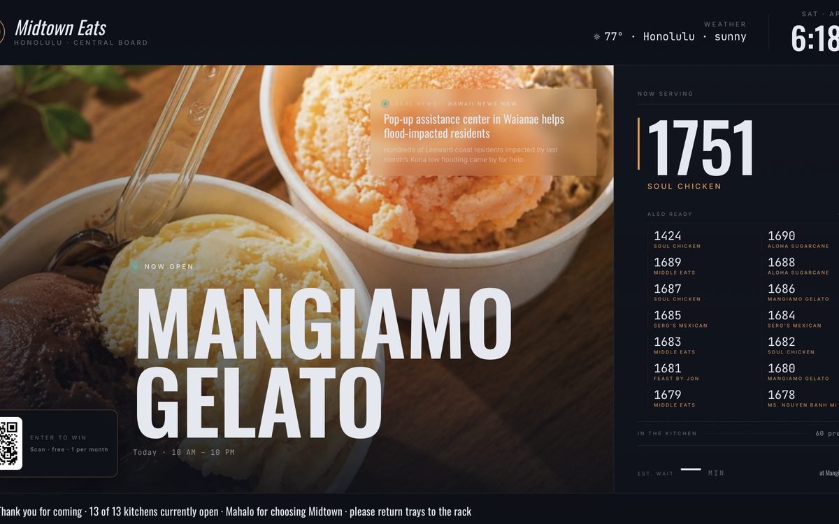 Musubi Display Network screen with live order numbers and a promotion