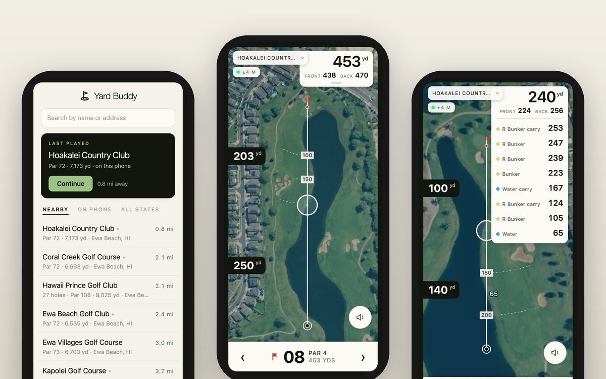 Yard Buddy golf GPS app showing nearby courses and hole yardages